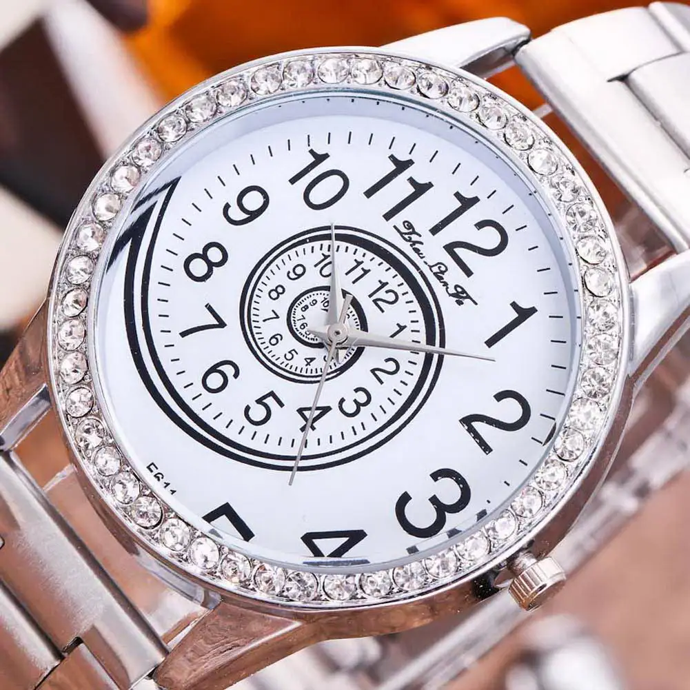 

Fashion Quartz Watch for Women Classic Rhinestone Numbers Rotate Watch with Steel Wrist Band Printed Watch LXH