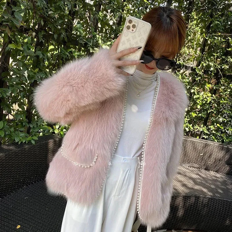 

Fashion Imitation Fur Pearl Placket Coat Women Winter Loose Warm V-neck Parkas Korean High Quality Faux Fox Fur Streetwear Coats