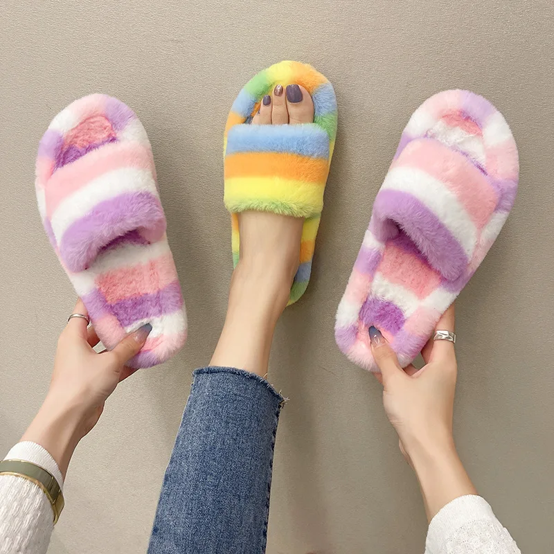 

2022 New Women's Plush Shoes Warm Flat-bottomed Ladies Home Slippers Soft Open Toe Wear-resistant Color Cotton Cotton Slippers