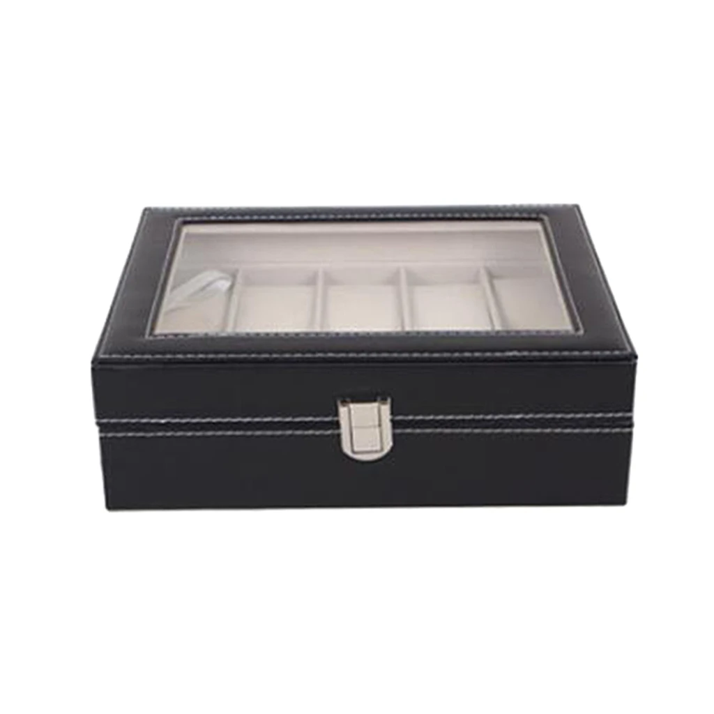 

10 Grids Classy Wooden Watch Box Holder, Wristwatch Display Case Storage Organizer with Glass Top for Women Men Gifts