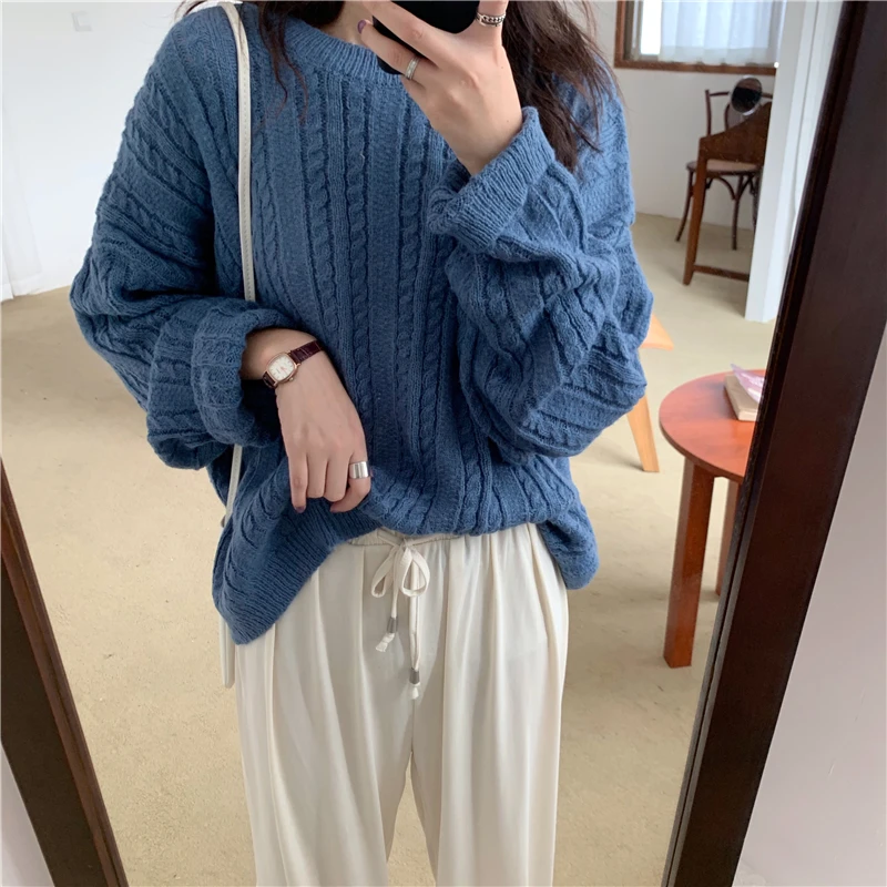 Зимний корейский ulzzang Harajuku винтажный простой свитер с длинными рукавами однотонный Модный повседневный женский свитер с круглым вырезом