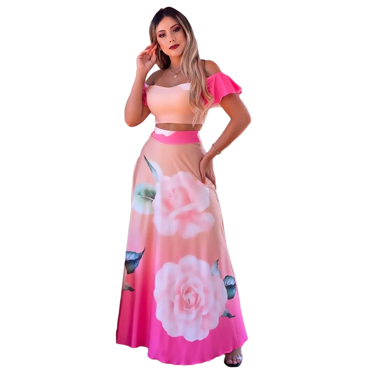 

Summer Suit 2 Piece Set Women Crop Top + High Waist Long Skirt Set Maxi Matching Suit Printed Boho Sexy Beach Dresses Set
