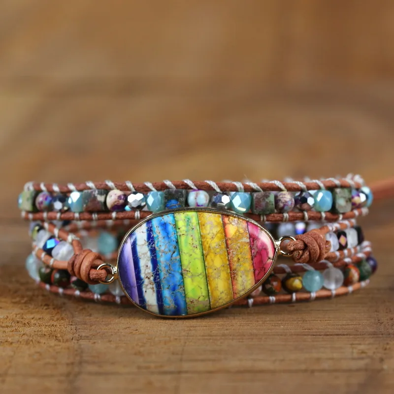 

7color Imperial Stone Romantic Spiritual Chakra Leather Wrap Bracelets Mix Stone Heart Shape 3 Strands Bracelet Classic Jewelry