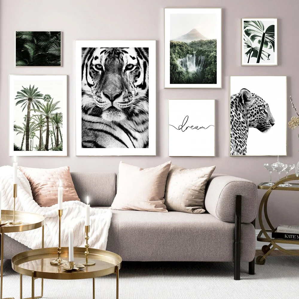 

Scandinavian Poster Dream Print Leopard Tiger Monstera Palm Leaf Wall Art Picture Canvas Home Decoration Painting Nordic Modern