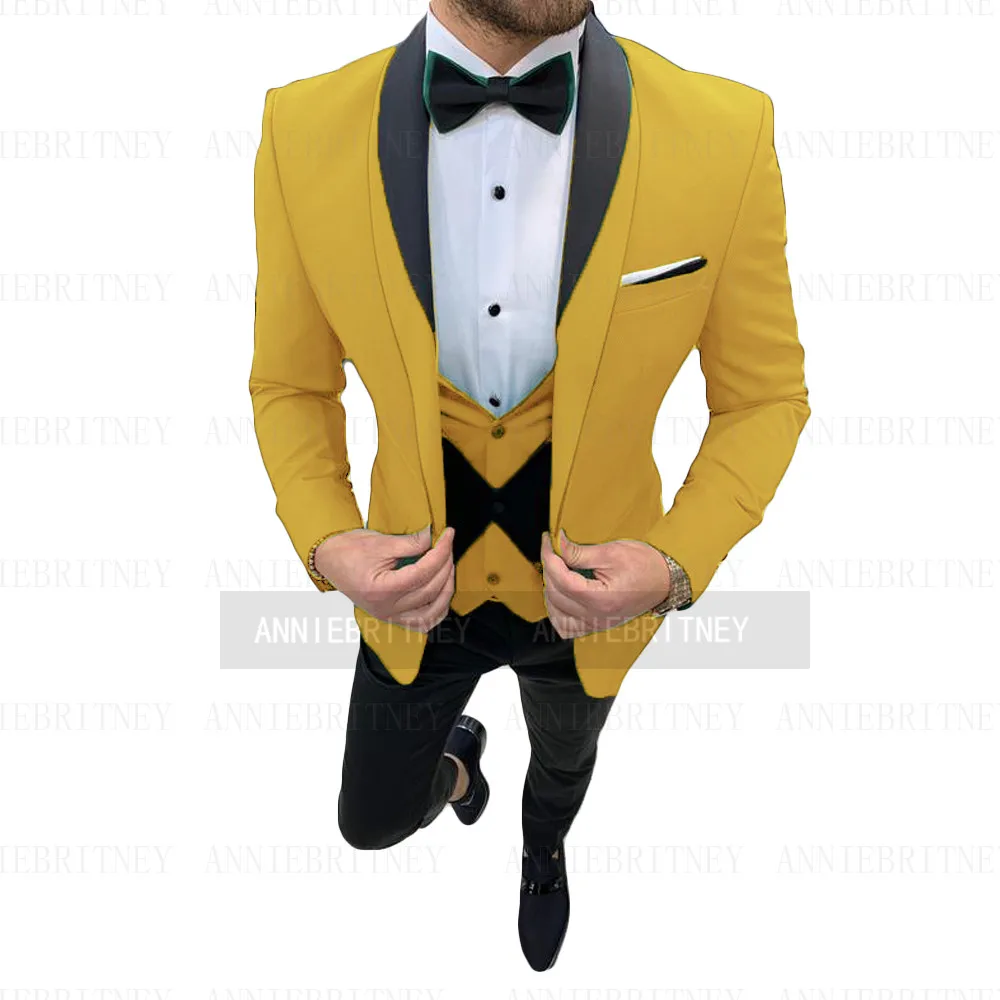 

Новейший дизайн, золотистый Свадебный мужской костюм, приталенные синие куртки для жениха Вечерние вечернее платье, смокинг, Блейзер, жилет...