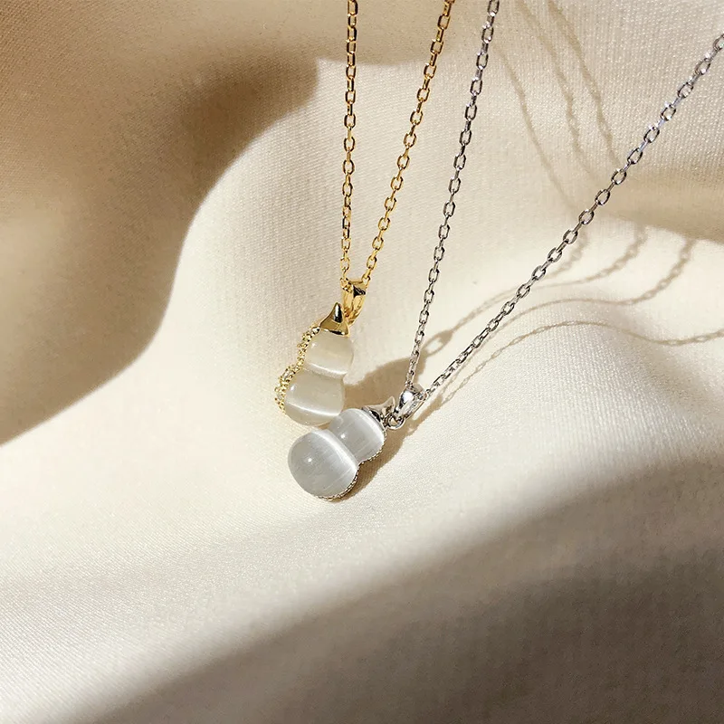 Charm Gold Chain 2021 New Woman Fashion Silver Jewelry High Quality Double Sided Gourd-Shaped Opal Agate Drop Pendant Necklace