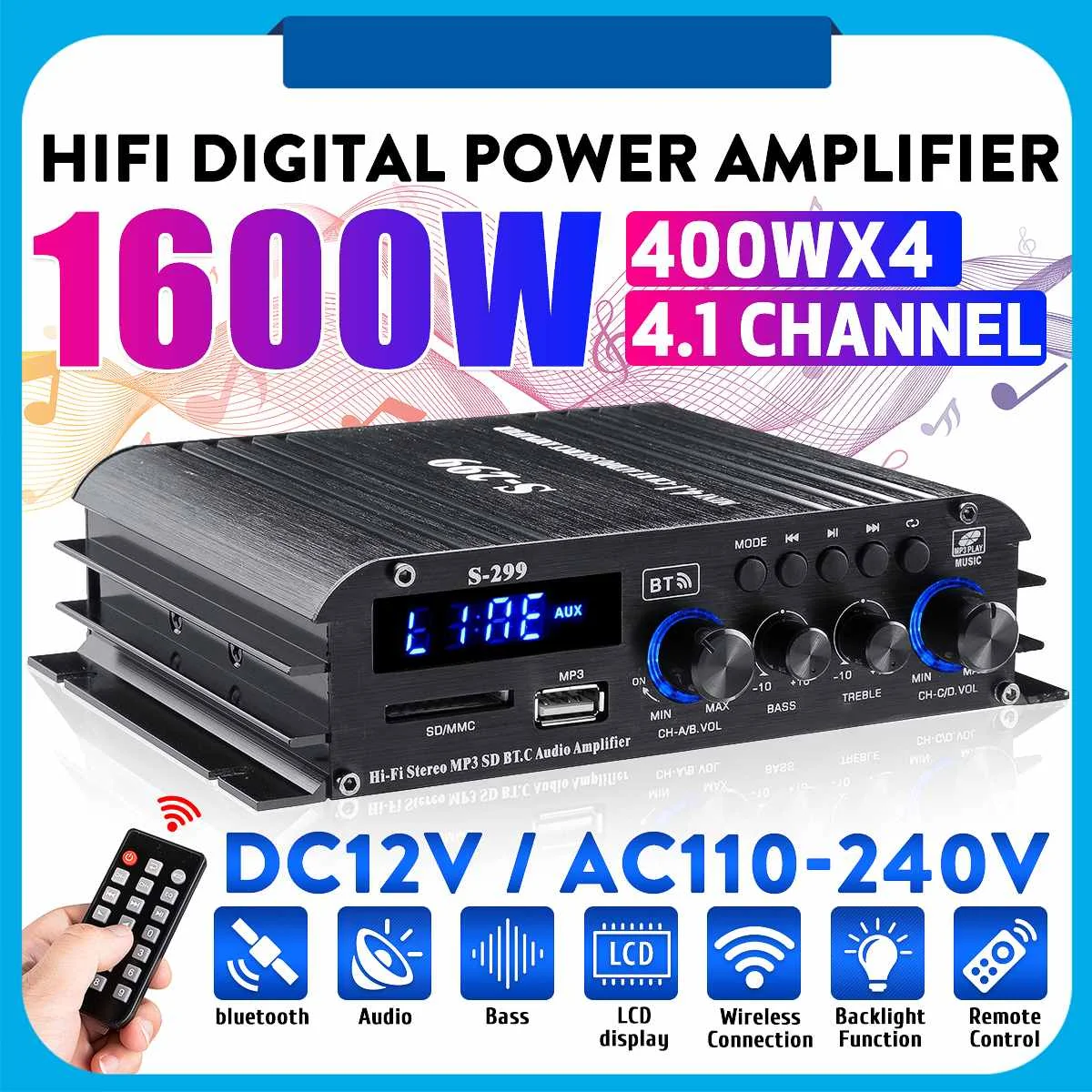 1600 Вт 4 1 каналов bluetooth стерео Hi-Fi автомобильные усилители для домашнего