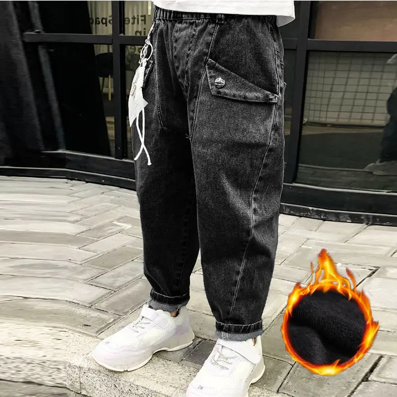 

2021 Cool Boys Girls Jeans Autumn And Winter Models Children's Pants For Kids Korean Version Plus Velvet Thick Loose Trousers