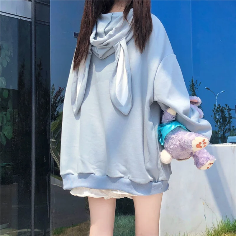 HOUZHOU-Sudadera Kawaii con Orejas de conejo para mujer, suéter con estampado de dibujos animados, ropa Kawaii de gran tamaño