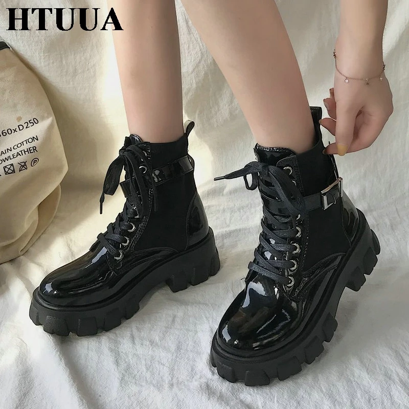 Новинка женские осенние ботинки HTUUA модные зимние черные на платформе и