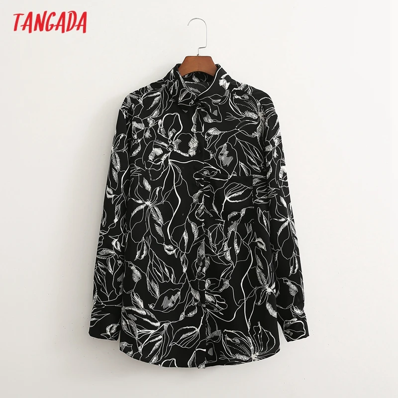 

Блузка Женская Офисная черная с длинным рукавом и цветочным принтом