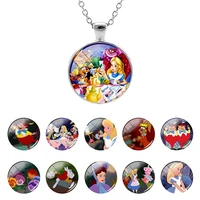 disney alice in wonderland glass dome pendant long chain necklace cartoon for girl cabochon jewelry birthday present dsn510