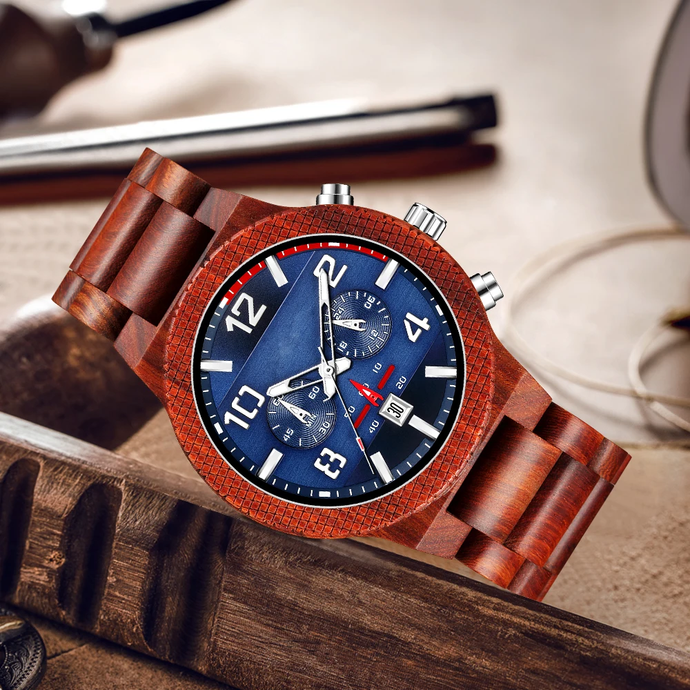 Fashion Wooden Watch Men Quartz Chronograph Date 6 Pin Wrist Watches Full Wood Clock Multi-function Dial Male reloj de madera | Наручные