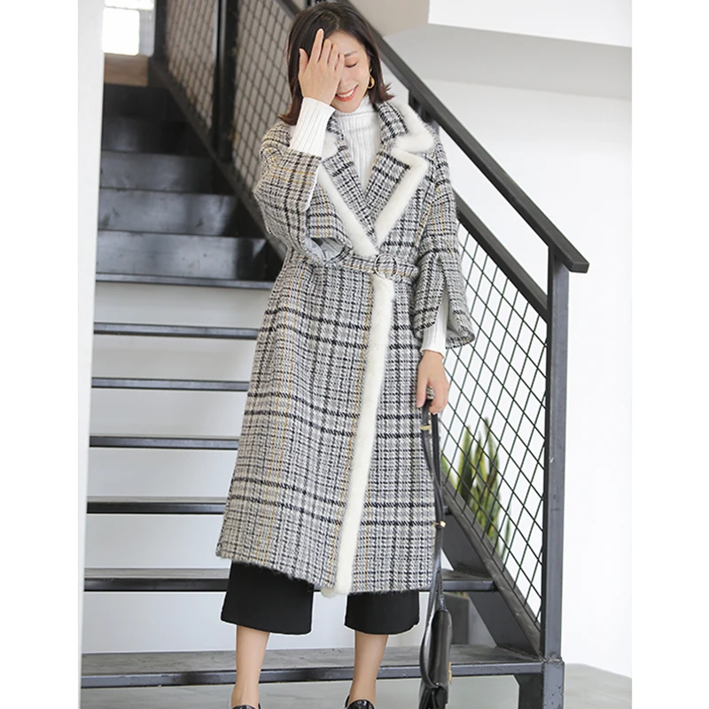 Coat Winter Women Wool 2020 Sheared Long mink fur Collar Coats Superior quality Plaid Jacket Brand Design Quality WHF103 s | Женская