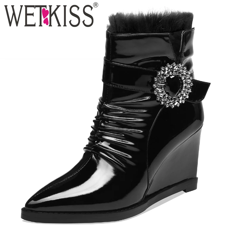 WETKISS/зимние ботинки на танкетке и высоком каблуке; женские ботильоны из лакированной искусственной кожи со стразами; обувь на молнии; женская обувь с острым носком; женская зимняя обувь;