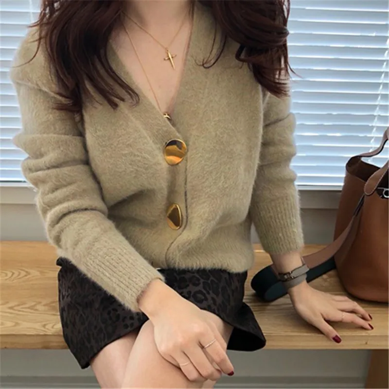 Золотой блестящий однобортный шерстяной женский кардиган с пуговицами