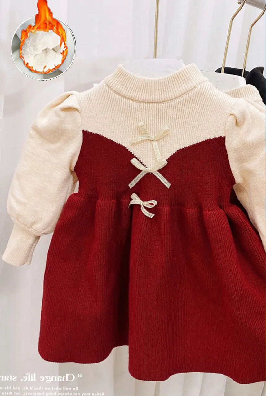 

Girls' temperament dress winter, autumn and winter, girls' New Year sweaters children's knitting base girls long sweater dresses