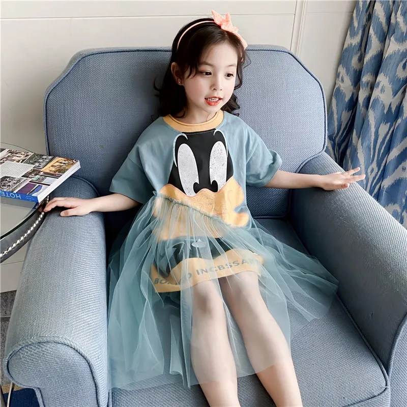 Платье для девочек-подростков с коротким рукавом и кружевом голубое длинное