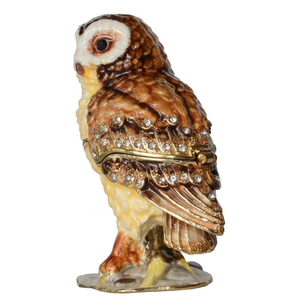 Сова на ветке украшенная драгоценными камнями металлическая шкатулка для