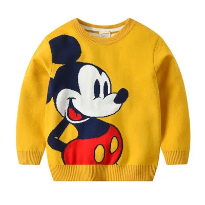 mickey yellow Свитера для маленьких мальчиков от 2 до 8 лет трикотажная одежда пуловеры с круглым вырезом хлопковые свитера с рисунком динозавра для девочек Детский свитер - Цвет: mickey yellow