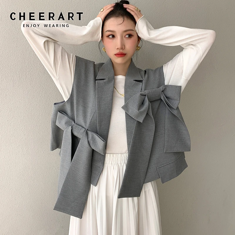 Дизайнерский Модный женский жилет CHEERART 2021 серый без рукавов с бантом Блейзер
