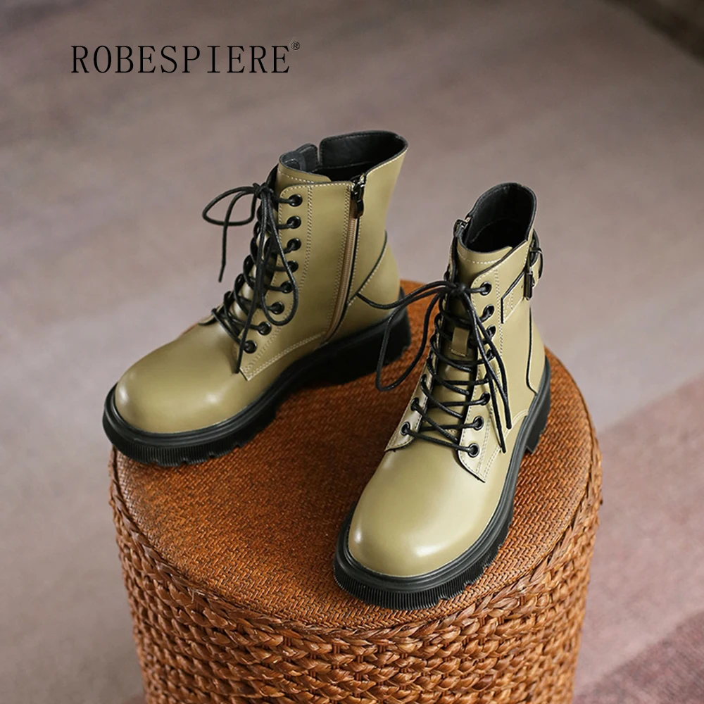

ROBESPIERE-2021 Autumn Retro Soft Ultra Light Leather Boots Round Head Square With Women's Shoes Fashion Martin Boots-B222