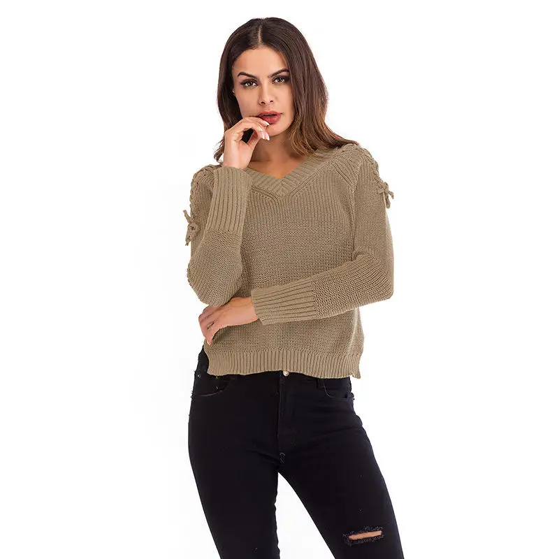 Women's Winter Casual Long Sleeve Solid Color V Neck Split Sweater Loose Pullover Knitted Shirt Tops Blouse|Джемперы| |