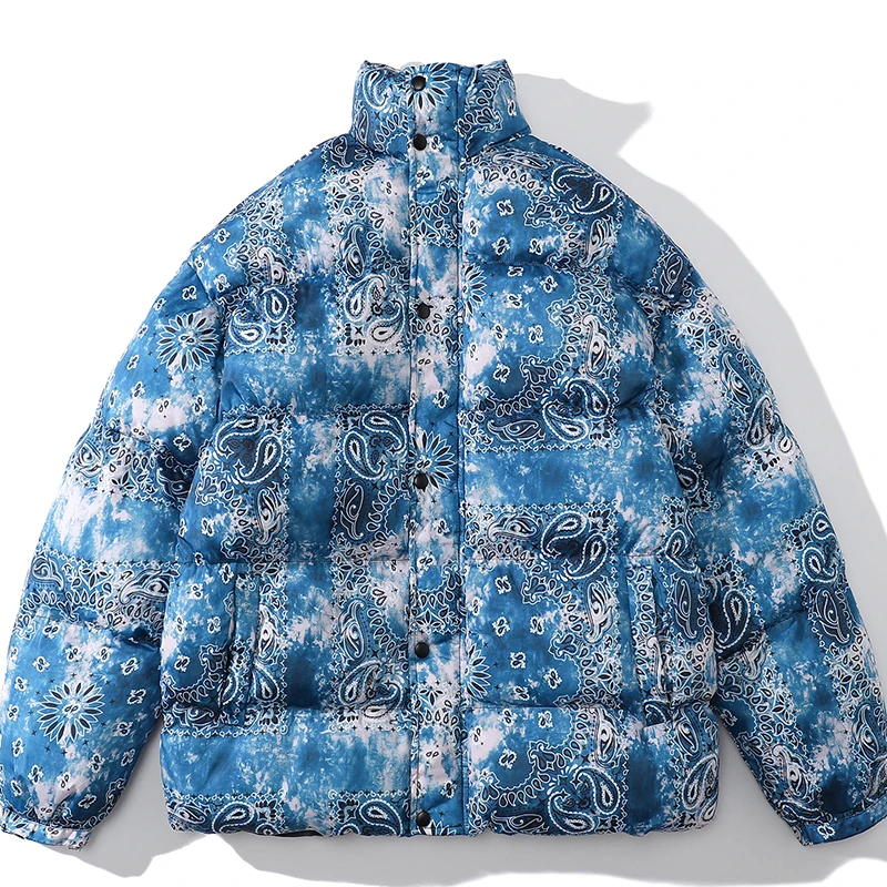 Blue Printing Fashion Men Puffer Parkas Winter New Loose Oversized Korean Version Streetwear Male Jackets Coat Woman