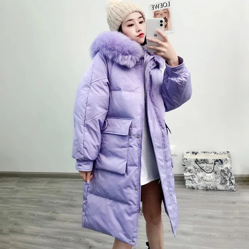 

2021 New Fashion Women Winter Long White Duck Down Coats Female Real Natural Real Fox Fur Collar Hooded Puffer Jackets Outerwear