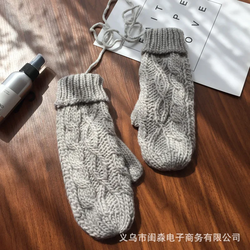 gray1 Женские однотонные шерстяные вязаные перчатки без пальцев на шее, зимние теплые утолщенные женские перчатки, милые варежки - Цвет: gray1