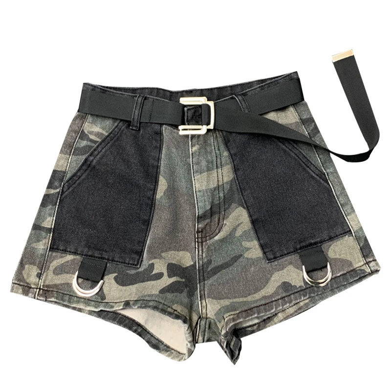 

2020 Camouflage Harajuku High Waist Shorts Women Print Camo Casual Jeans Shorts Hip Hop Denim Short Pants with Belt Summer