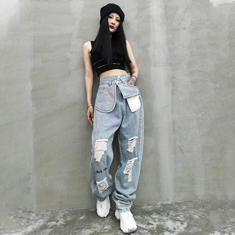 

SHENGPALAE Hole Letter Pattern Jeans Women's Summer 2021 New High Waist Loose Fashion Spliced Pocket Loose Denim Harem Pants