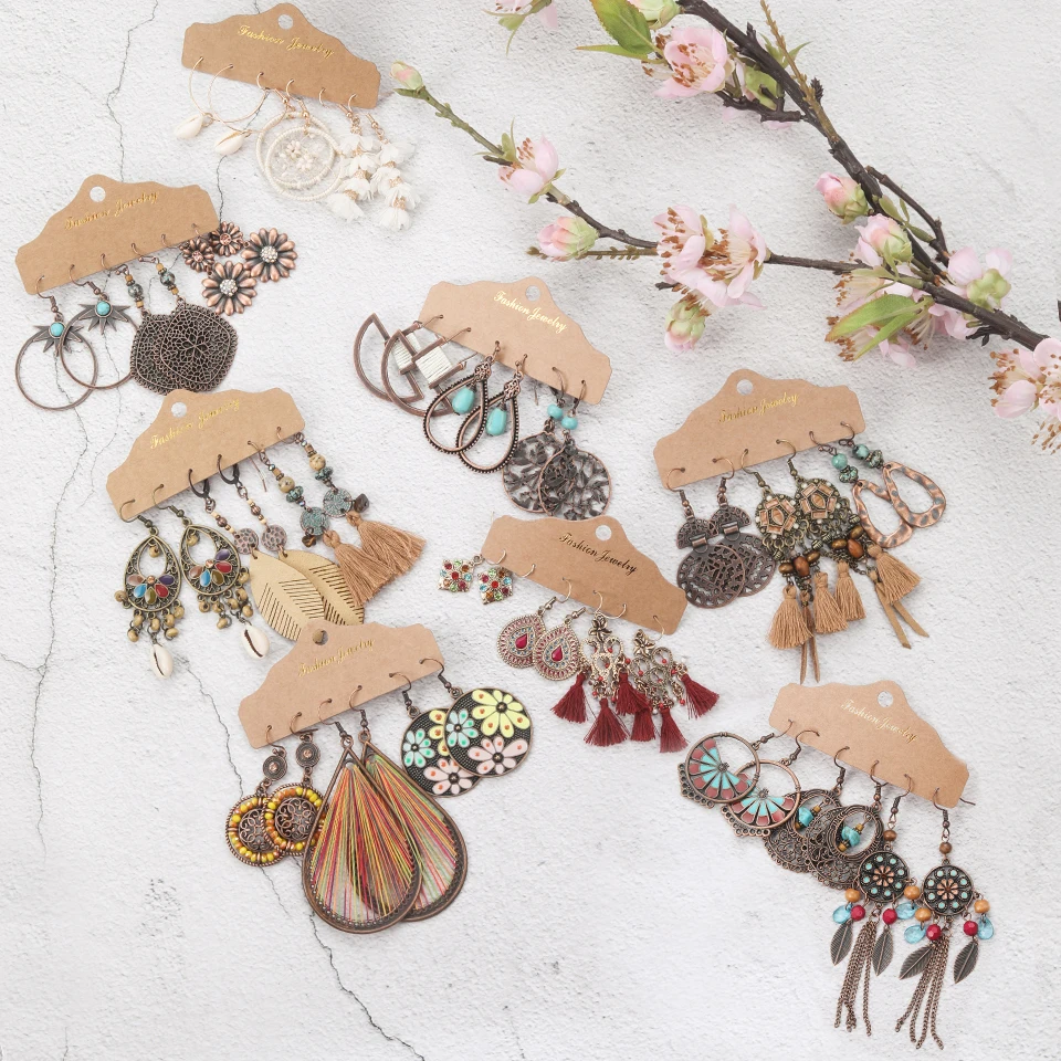 Vintage Boho Tassel Earrings Set For Women Brincos Big Round Dreamcatcher Flower Drop 2020 Charm Ethnic Jewelry | Украшения и