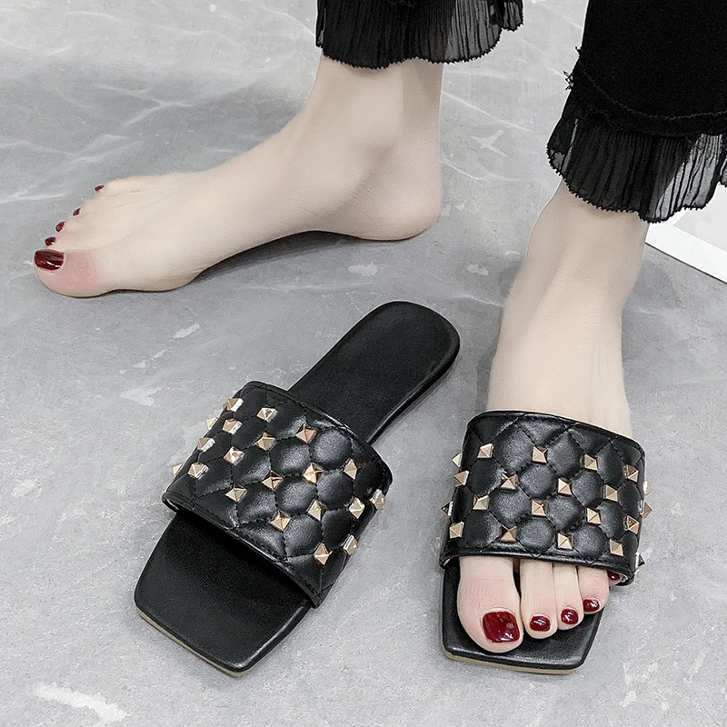 Light stream fashion slippers ladies square toe flat shoes girls summer 2021 sandals and slippers casual sandals and slippers