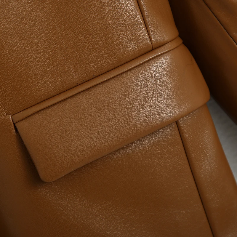 

PU Blazers Fashion Notched Brown Women Faux Leather Loose Jackets Elegant Single Button Suits Female Ladies Outwear Mid Length