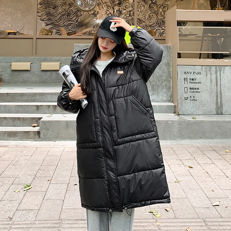 

Women Long Winter Jacket Hooded Korean Style Ladies Long Sleeve Cotton Padded Thicken Big Pockets Outwear for Female Coat Women