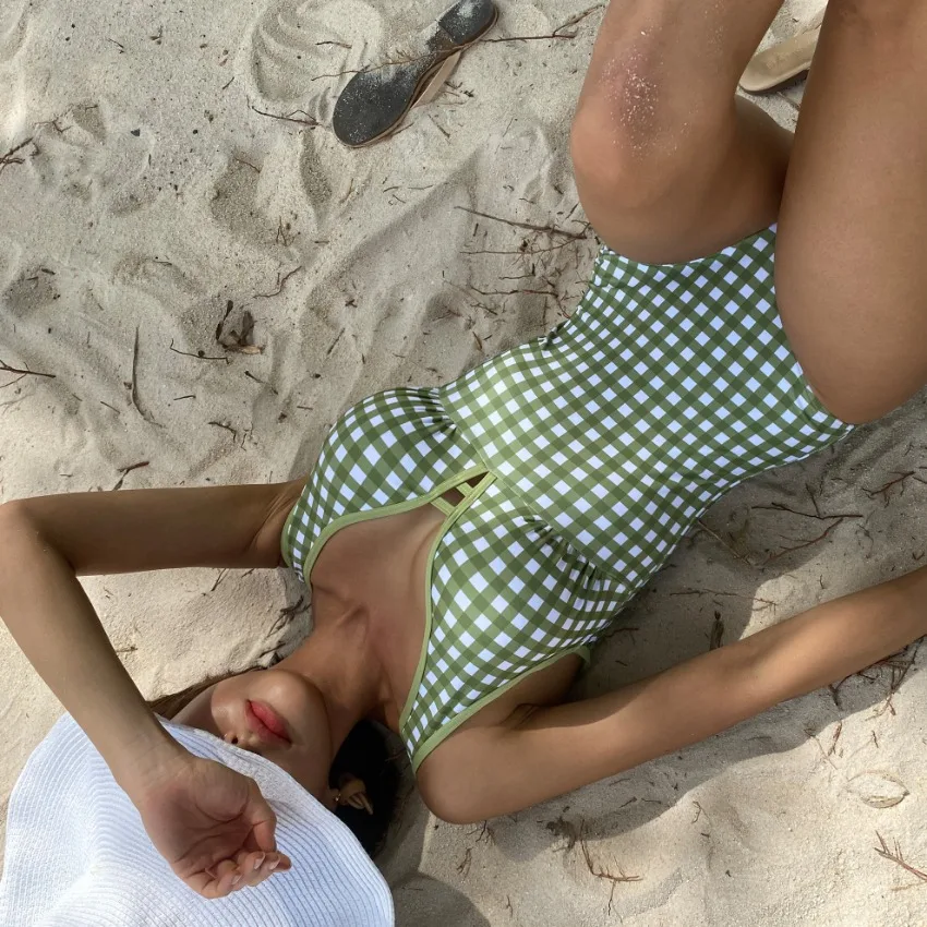 Цельный купальник в Корейском стиле женский клетку купальный костюм высокого