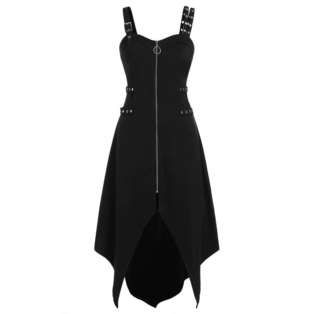

Women Gothic Dress Vintage Black Punk Plus Size Cool Solid Zipper Irregular Hem Sleeveless Camisole Mini Dress Woman Vestidos