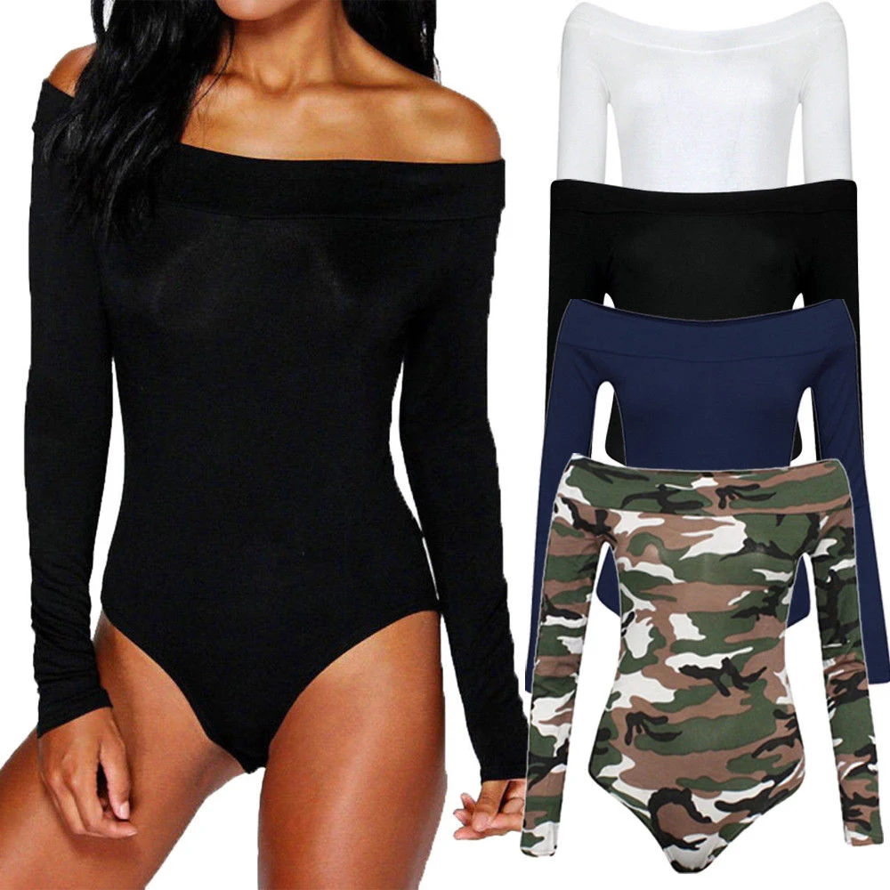 

Fashion Women Solid Off Shoulder Long Sleeve Bodysuit Top Plain Stretch Autumn Shirts Casual Female Bodysuit Jumpsuit