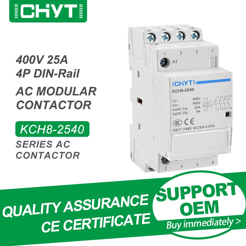 

Free Shipping CHYT KCH8-25 4P 4NO 4NC or 2NO 2NC AC 400V 25A Electric Din Rail Mounted Household Modular Contactor