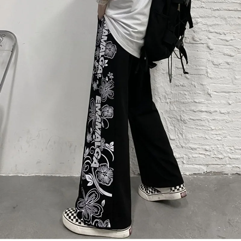 

HOUZHOU Black Wide Leg Pants Harajuku Print Straight Trousers Women Streetwear Punk Hip Hop Gothic Korean Fashion Sweatpants