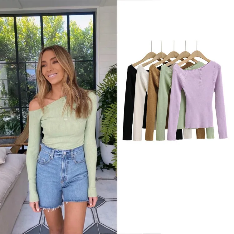 

Женский свитер с открытыми плечами Za, Осенний пикантный свитер с косым воротником, 2021