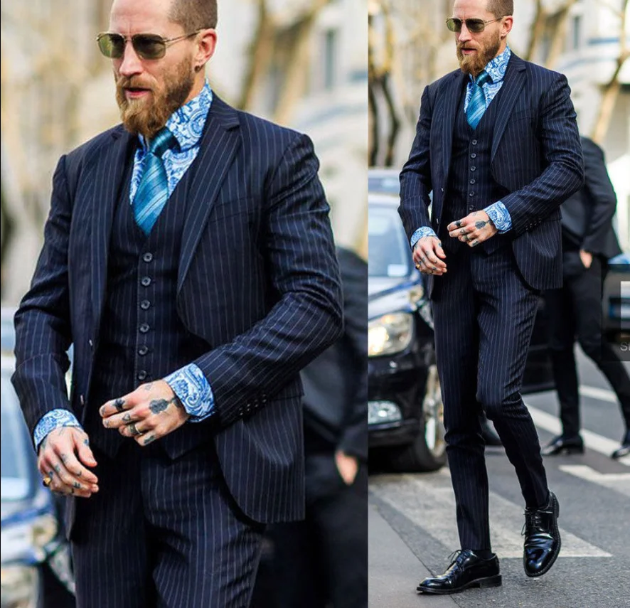 2021 Newest Mens 3 Piece Wool Feel Classic Gangster Pinstripe Suits with Vest Notch Lapel Two Button Navy Formal Suit | Мужская одежда