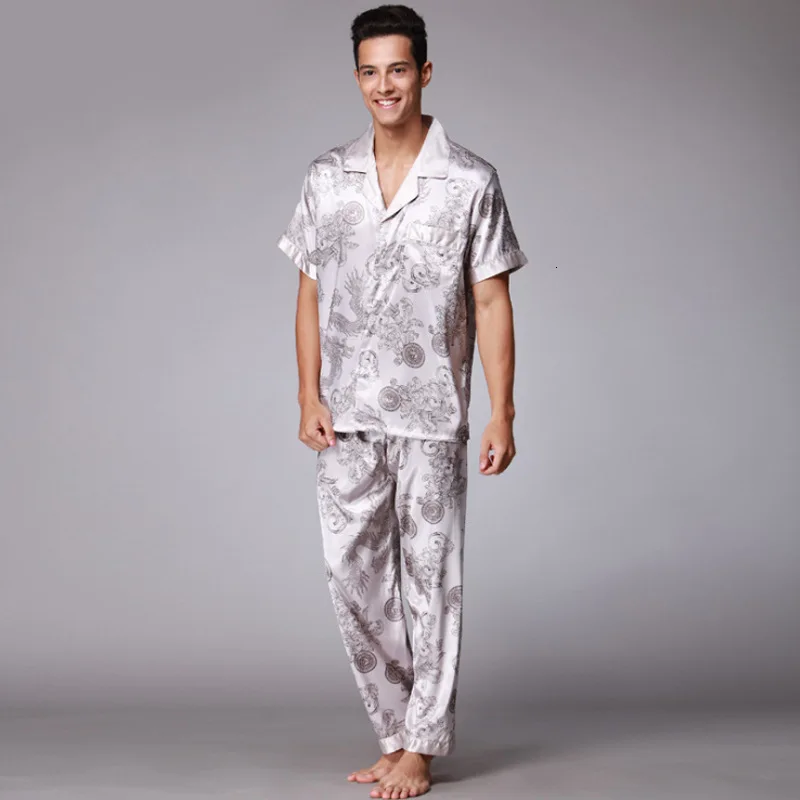 Men Nightwear Shirt Pants Sleep Pajamas Sets Short Sleeve Sleepwear Spring Summer Silk Nightgown Clothes Sleep Tops Bottoms Suit