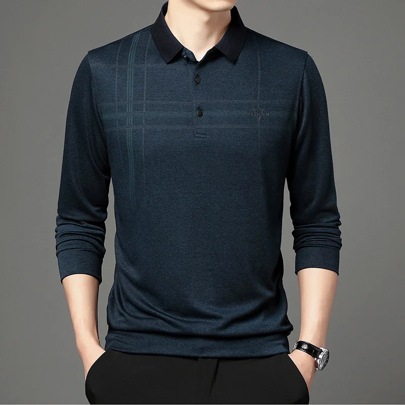 

Straight Hair Spring And Autumn Men's Long Sleeve T-shirt Middle-aged Casual Lapel Loose Stripe Dad Men's Polo Shirt