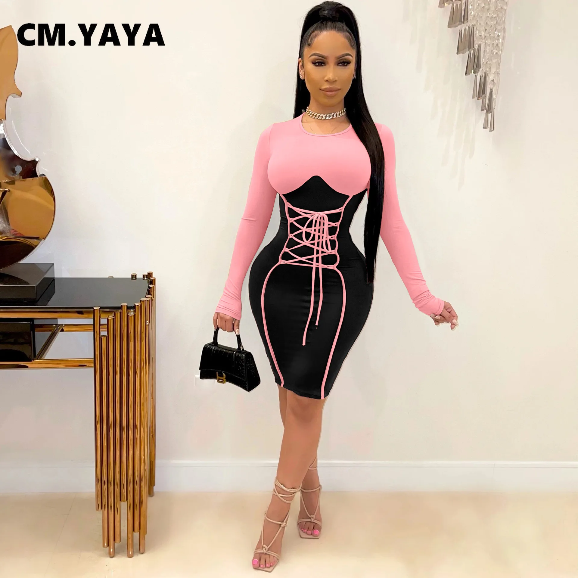 Женская туника со шнуровкой CM.YAYA с длинным рукавом и высокой талией лоскутное