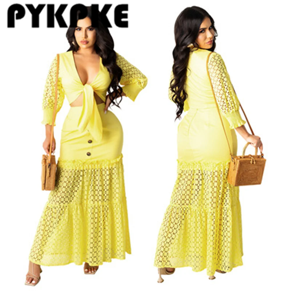 

Two Piece Hallow Out Suits Women Long Sleeve Tie Front Crop Top & Bodycon Maxi Skirt Set