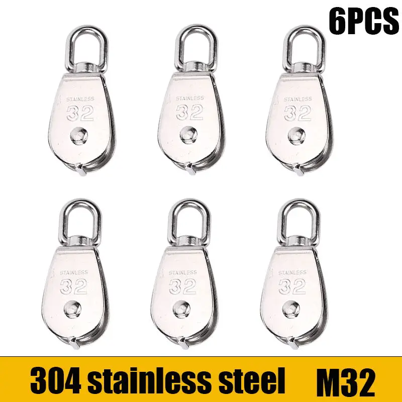 6 Pcs of M32 Pulley Block, flyinghigh 304 Stainless Steel Lifting Crane Swivel Hook Single Pulley Block, Hanging Wire Towing Whe