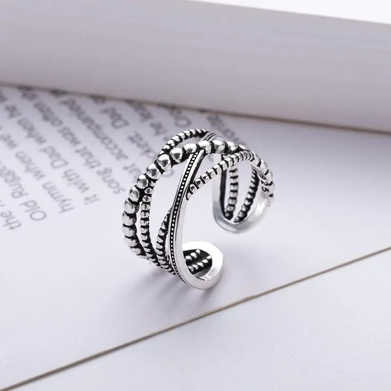 

S925 Silver Plated Vintage Geometric Rings for Women Female Gift 2020 Hip Hop Punk Copper Chain Ring Wide Resizable Simple Style