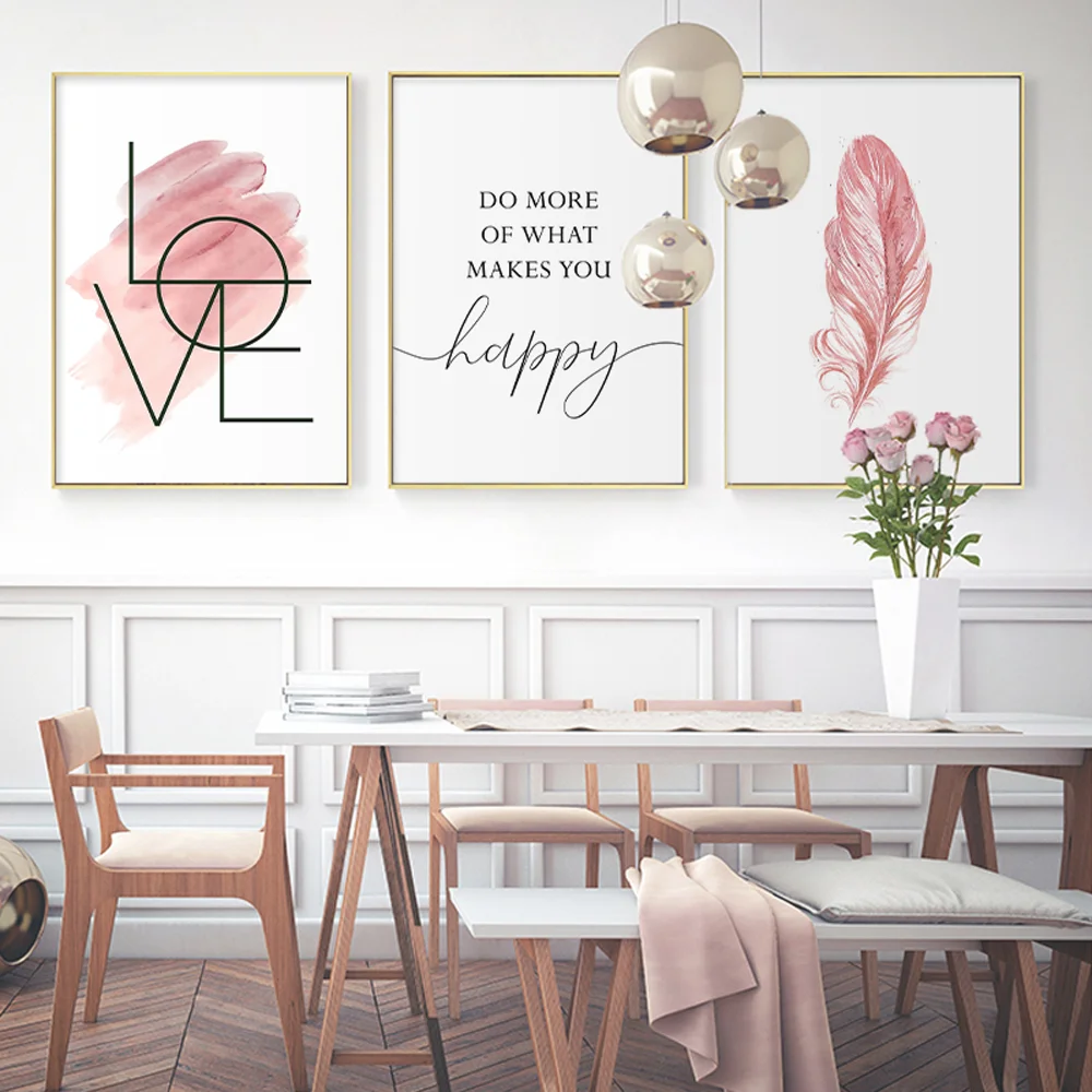 

Nordic Pink Feather Poster and Print Inspirational Quote Canvas Painting Wall Art Love Sign Picture For Girl Bedroom Home Decor